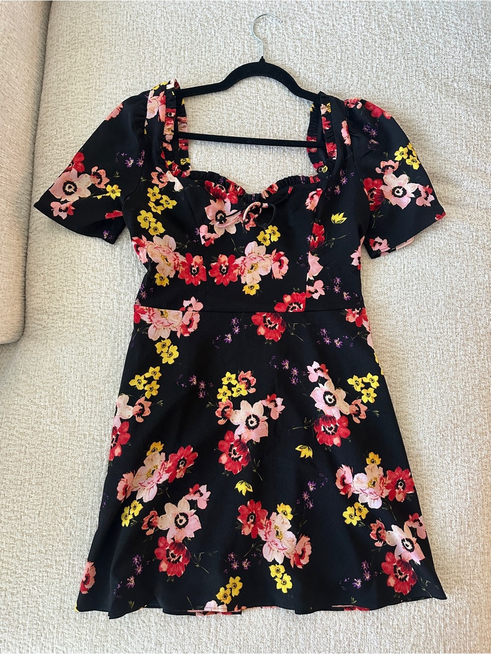 Express Black Floral Square-Neck Mini Dress with Pink & Yellow Blooms